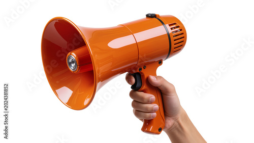 Canvastavla Orange megaphone held by a hand, isolated on transparent background