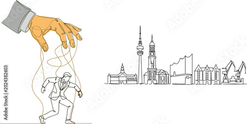 Schilderij op canvas Business puppet manipulation with city skyline line art illustration, corporate