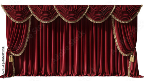 Fotografie Luxurious red velvet theater curtains with gold trim and tassels, isolated on tr