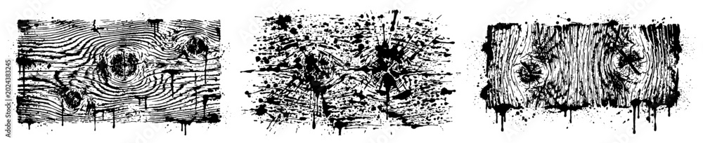 Obraz premium Wood grain texture panels with ink splatters and distressed grunge style