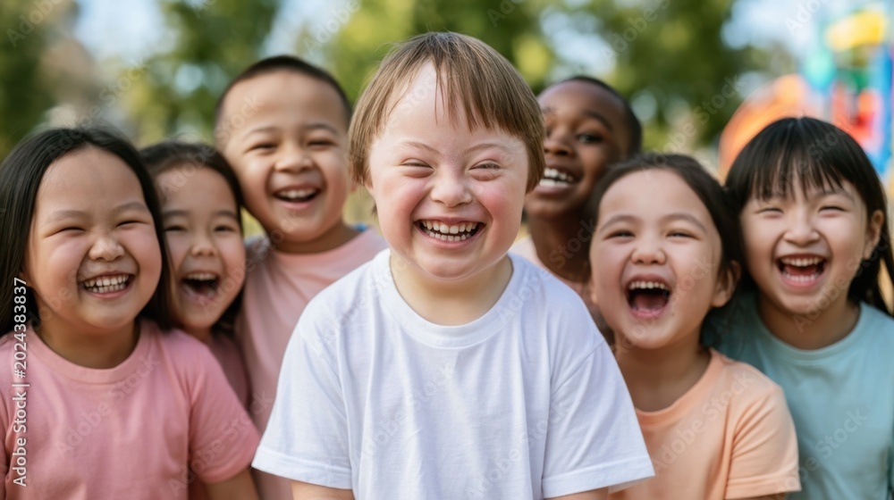 Fototapeta premium Diverse group of happy young children smiling together outdoors in bright casual clothes enjoying friendship and joyful moment in sunny park playground environment