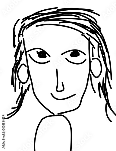 Hand Drawn Line Art Doodle of a Smiling Woman with Long Hair