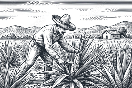 Vector engraving of a Mexican farmer in a sombrero harvesting agave crop in a field. Vintage monochrome line illustration of traditional tequila agriculture.