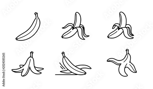 Fotografie Six black line art illustrations of bananas in various stages of ripeness and pe