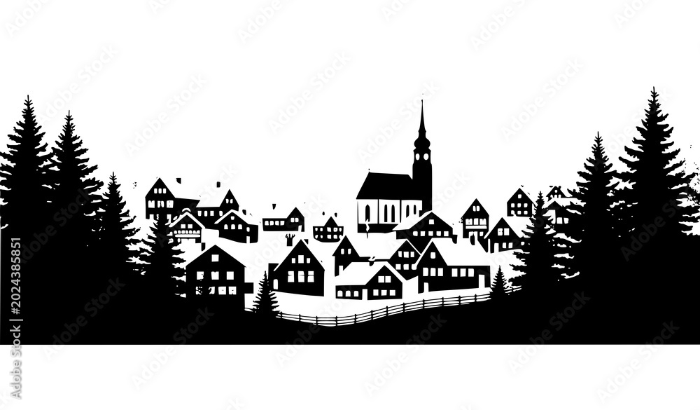 Naklejka premium Vintage black silhouette of european village with church and pine trees winter scene