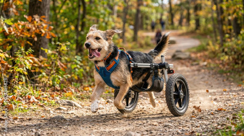 Dog wheelchair disabled dog paralyzed dog rescue dog pet mobility outdoor trail forest path happy dog rehabilitation animal care