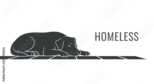 Fotografia Sad homeless stray dog silhouette lying on the pavement.