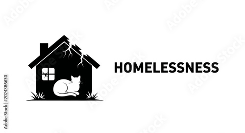 Photos Homelessness concept illustration featuring a cat inside a broken house silhouette
