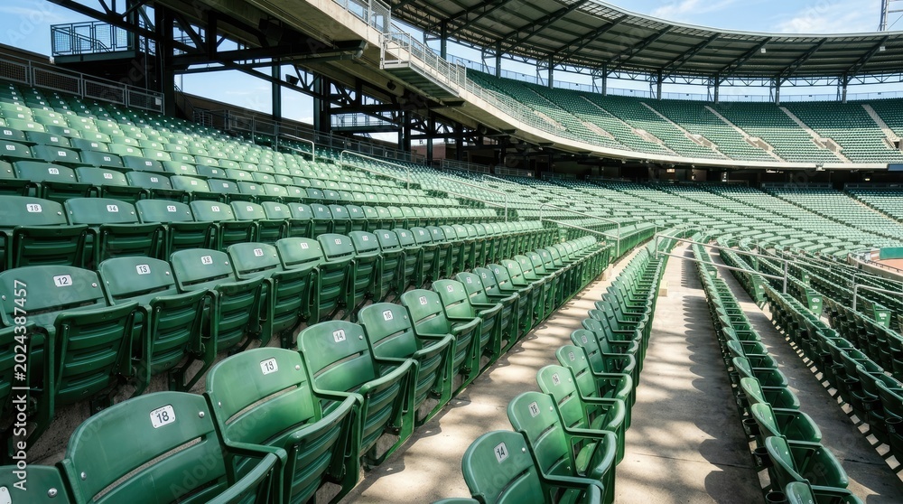 Fototapeta premium Empty Green Stadium Seats Under Bright Sunlight.