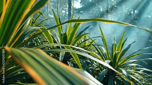 Spiky pandanus plants in the rainforest with long blade leaves, golden leaf edges, blue mist and diagonal sun rays, layered jungle depth, cinematic tropical foliage atmosphere, wild botanical texture