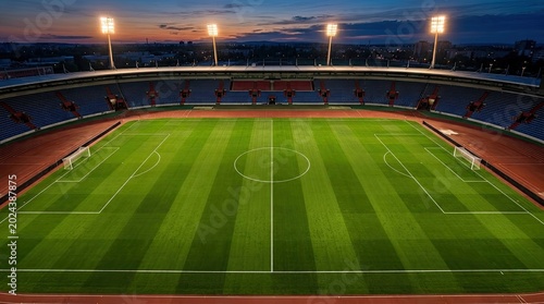 Illuminated Football Stadium at Dusk with Lush Green Field.
