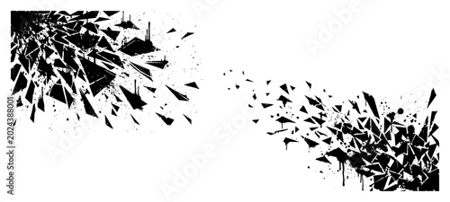 Tableau sur toile Shattered glass fragments flying from corners in minimalist black and white spla