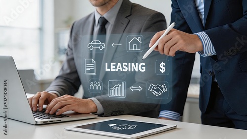 Business team discussing leasing agreement with digital interface showing car and house rental options, financial contract signing process on tablet and laptop in modern office