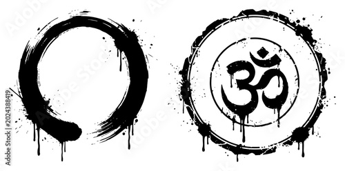 Fotografía Zen enso circle and sacred om symbol with grunge ink splatters in urban spiritua