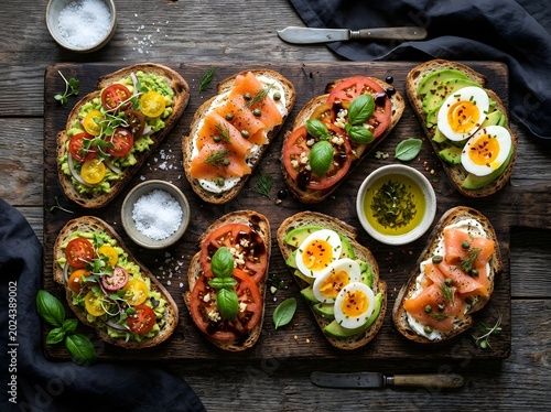 Variety of Bruschetta with Healthy Sourdough Bread and Toppings