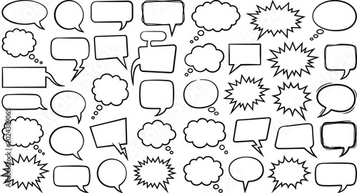 Hand drawn comic speech and thought bubble collection with various shapes outlines and starburst designs creative artwork illustration