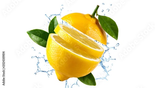 Fresh Lemon Slices with Water Splash and Green Leaves Isolated on White Background