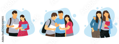 Flat vector student characters set, diverse college students with backpacks and books, young people studying and socializing in university campus