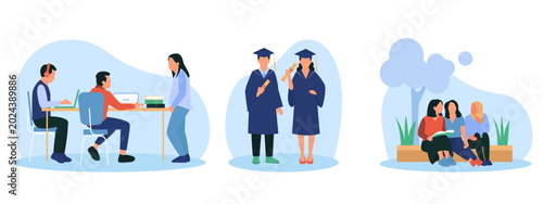 Quadro su tela University student life vector set, diverse college students studying and gradua