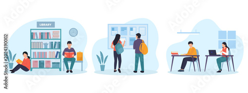 Modern library flat vector illustration set, students studying in university library, people reading books and working on laptops in college
