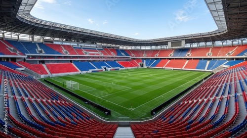 Vast Soccer Stadium with Red and Blue Seats Under a Clear Sky.