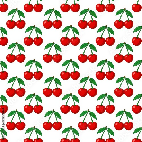 Red Cherries with Green Stems Repeating in a Seamless Pattern