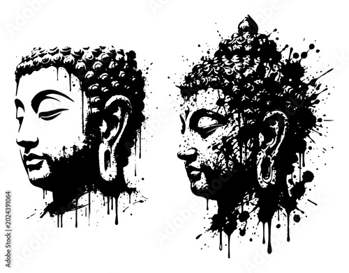 Obraz na płótnie Buddha head portrait set with dripping paint and ink splatters in religious grun