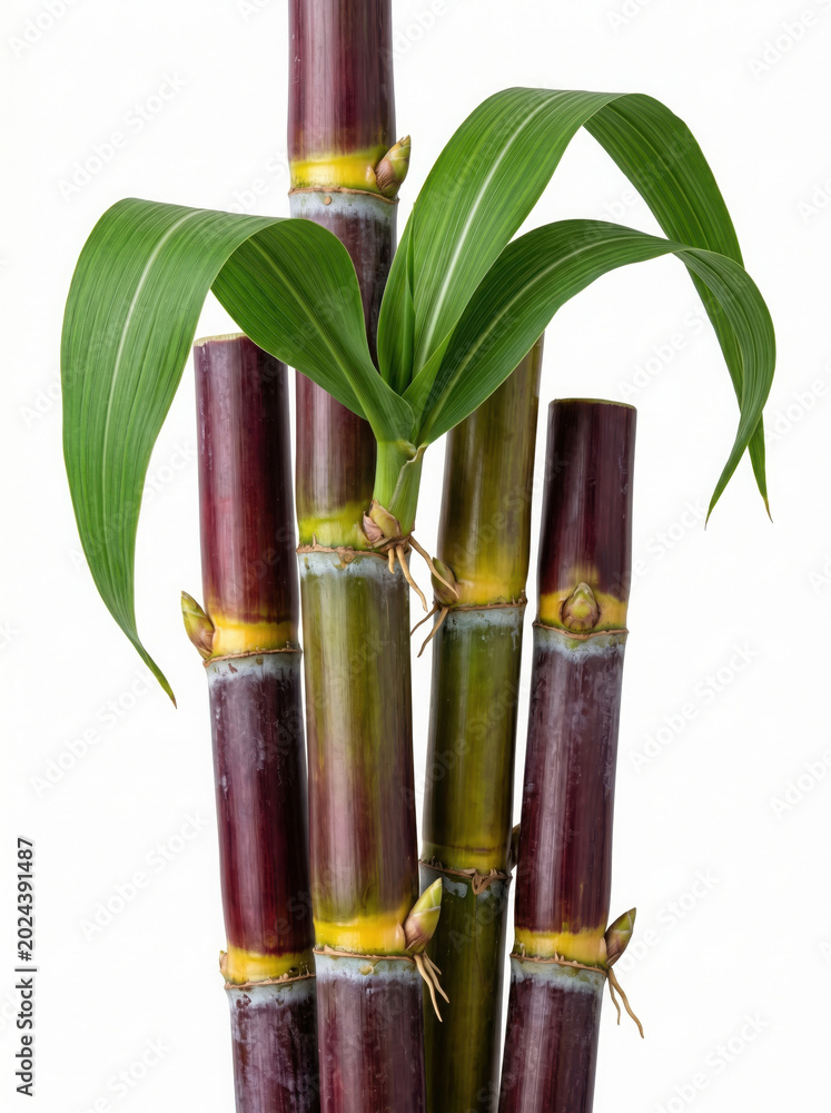 Fototapeta premium Stalks of purple sugarcane with green leaves isolated on a clean generated using ai