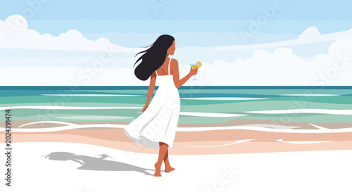 Photos A woman in a white summer dress walking on the beach.
