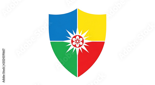 Of a stylized sunflower emblem on a segmented background, yellow blue