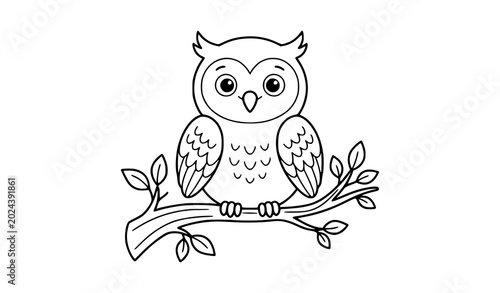 Simple owl outline vector illustration cute bird sitting on tree branch design