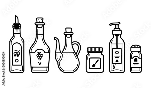 Quadro em tela Olive oil bottle and kitchen condiment vector icon set cooking ingredient illust