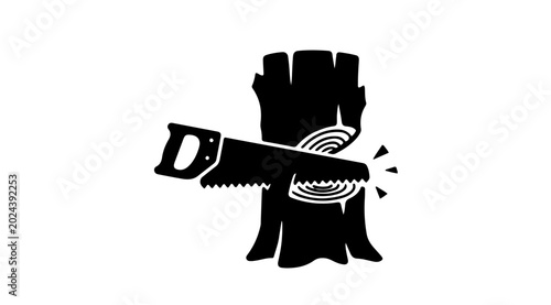 Foto Hand Saw Cutting Tree Trunk Icon Silhouette Vector Illustration of Deforestation