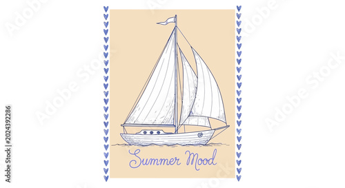 Foto Hand drawn illustration of a sailboat with Summer Mood text.