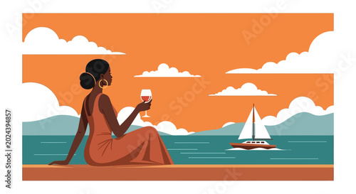 Schilderij op canvas Elegant Black Woman Relaxing With A Glass Of Wine.