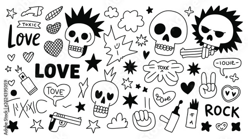 Black and white doodle style with skulls hearts stars and punk rock