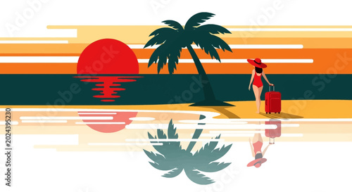Billede på lærred A woman in a red swimsuit walking with a suitcase on a beach at sunset