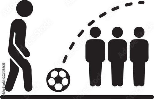 Photos Free kick strategy icon depicting soccer player shooting ball over defensive wall of players toward goal net target