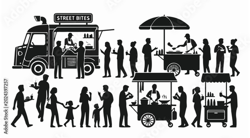 Bild auf Leinwand Street food festival vector illustration with food truck, stalls, and people sil