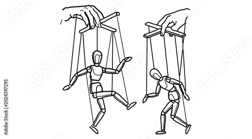 Konstfotografi Marionette puppets on strings controlled by human hands concept line art vector