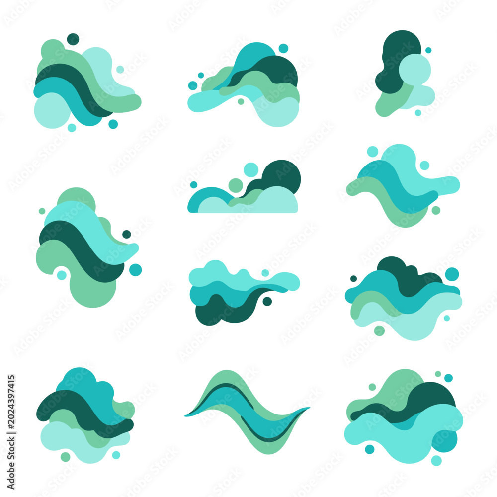 Fototapeta premium Abstract fluid shapes in various shades of blue and green.
