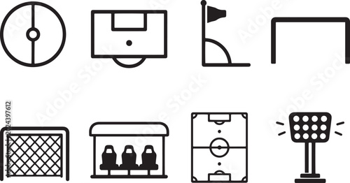 Photos Soccer field and stadium equipment icon set featuring goal posts pitch markers floodlights and team bench line symbols