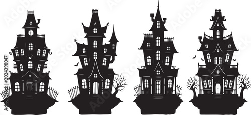 A spooky set of four haunted houses with glowing windows on a yellow background for halloween