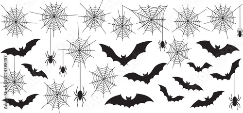 Black silhouette illustrations of bats and spider webs on isolated white background for halloween decorations and designs