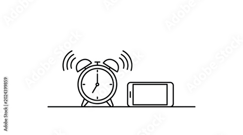 Fotografía Minimalist line art illustration of an alarm clock ringing next to a smartphone