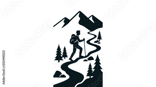 Schilderij op canvas Black and white silhouette illustration of a lone hiker trekking up a winding mountain path