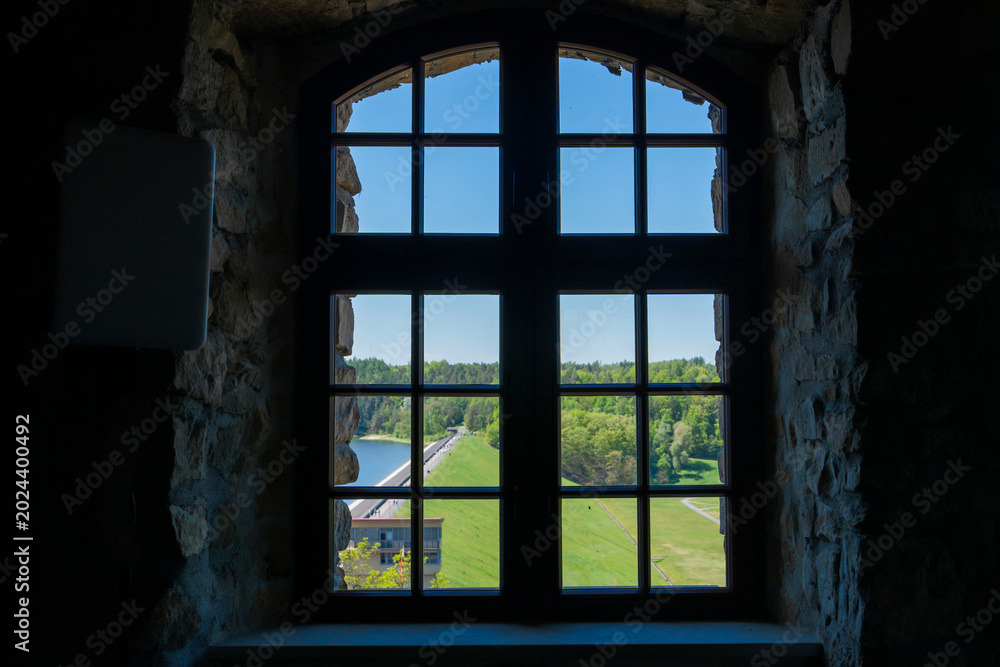 Fototapeta premium View from the window of the castle in Dobczyce on the Dobczyce Lake and the Dobczyce dam. Dobczyce, Malopolsie, Poland