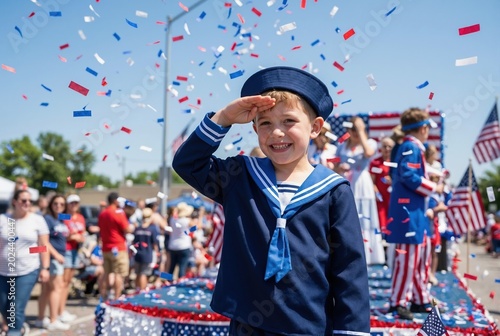 Smiling boy in navy sailor uniform saluting at patriotic parade. Child celebrating Independence Day with confetti