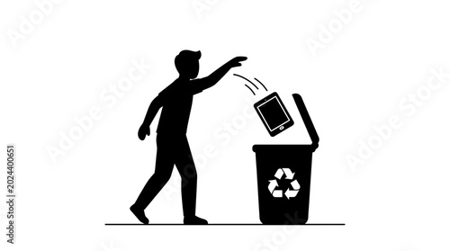 Canvastavla Silhouette of a man throwing an old tablet into a recycling bin.