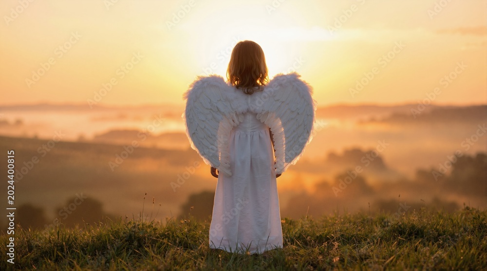 Fototapeta premium Young girl wearing white angel wings standing on grassy hill at sunset. Back view of child looking at golden horizon. Hope and spirituality concept
